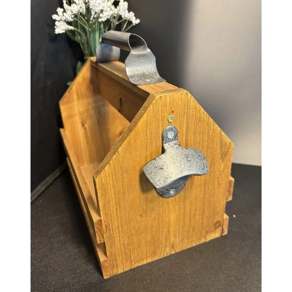 Rustic Wooden Beer Caddy Six Pack Carrier w/ Bottle Opener Farmhouse Style 10”